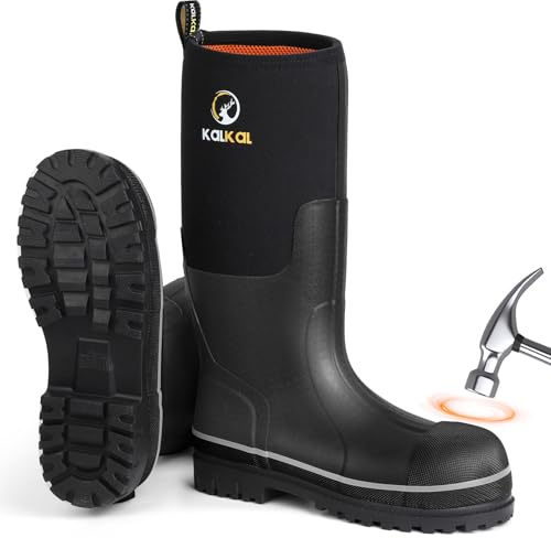 Kalkal Steel Toe Rubber Boots For Men, Waterproof Rubber Work Boots With Steel Shank, Puncture-Proof Safey Composite Toe Hunting Boots for Farming, Gardening, Fishing, Outdoor Work, Size 6-14