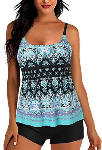 Genérico BañAdor Reductor Vientre BañAdores+De+Mujer Trajes de baño de Talla Grande para Mujer Trajes de baño de Dos Piezas Camisetas sin Mangas de Torso Largo con Pantalones (Blue, XL)