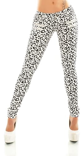 Jeans da donna a vita bassa, skinny, slim fit, elasticizzati, in denim, con motivo leopardato, Bianco-3541-1, S