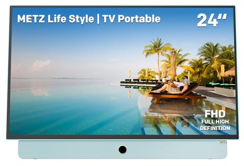 Metz TV Portable 24 Pouces (60 cm) Smart Google TV FHD avec Batterie Intégrée Poignée HDR 10 Chargeur Voiture 12V Ecran Anti-reflet Dolby Audio HDMI USB Bluetooth Wi-FI (24MPE7000 Bleu)