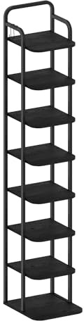 Hzuaneri Vertical Shoe Rack for Small Spaces, Black | 8-Tier, 26.5 cm Wide, Wood Shoes Organizer with 2 Hooks for Closet, Entryway, Freestanding, SR04304B
