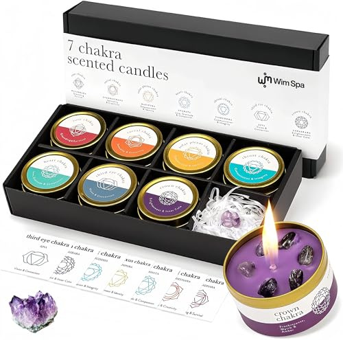 Wim Spa Set di 7 candele profumate Chakra – colate a mano in cera di soia e 10% oli essenziali, con ametista drusa e cristalli, set regalo per meditazione, yoga e consapevolezza [l'originale]