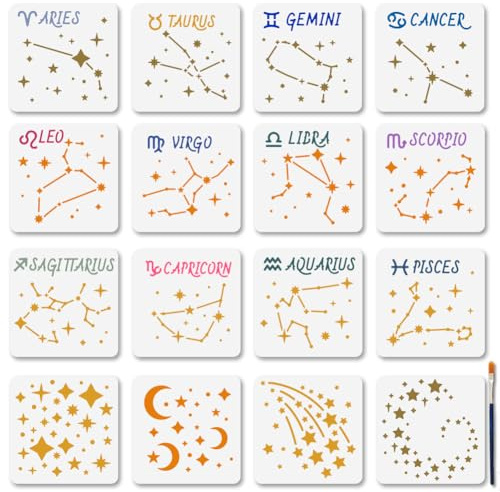 MAYJOYDIY 16 stencil a tema costellazione, 15 x 15 cm, luna stelle stencil riutilizzabili per pittura, modelli mappa stellare con pennello, per legno, parete, finestra, fai da te, decorazioni per la