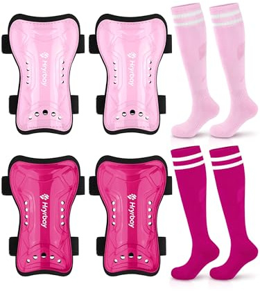 Hryrbay 2 Pairs Kids Soccer Shin Guards and Socks Set Toddler Shin Pads Protective Gear for Boys Girls Ages 3-15, Perfect for Playing Training or Games Inspired by The World Cup Rose Red, Pink M