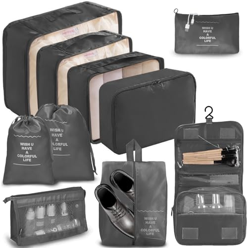 Resväskearrangör, packkuber, resväskorganiseringsset 10 delar, bagageorganisatör vattentät, packkuber, med packpåsar, klädväskor, kosmetikväska, skoväska, arrangör resväska (Svart)