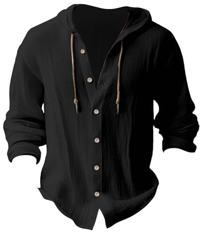 Generisch Camisa de manga larga con capucha para hombre de algodón sólido y lino con botones cuello alto camisa hombre, Negro , S