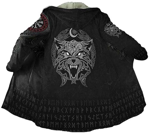 Viking Tattoo Fenrir Wolf Winter Thickened Warm Hooded Parka Retro Cashmere Cloak Harajuku Jacket Norse Casual Coat(Moon wolf,L)