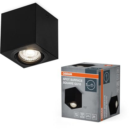 OSRAM Spot Surface faretto quadrato da soffitto, nero, con attacco GU10, compatibile con lampada normale o smart, angolo di emissione della luce flessibile, protezione IP20, alta qualità