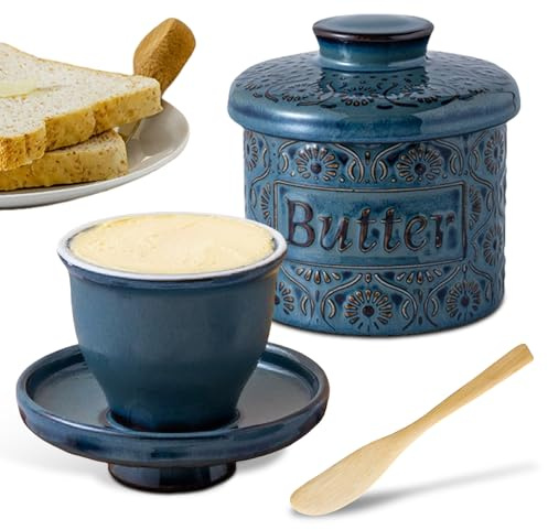 Burriera francese, campana per burro in ceramica con coperchio e coltello da burro, contenitore per burro raffreddato ad acqua, in porcellana con design vintage, per burro spalmabile (blu, L)