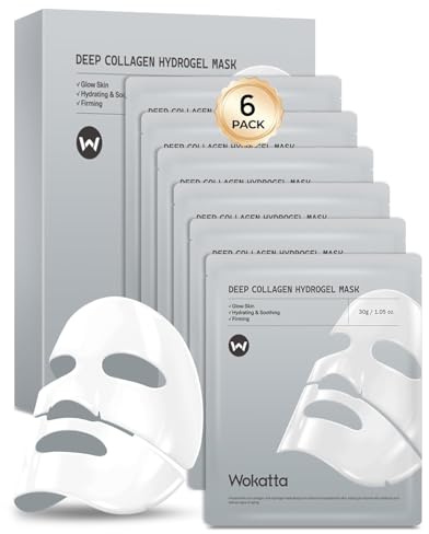Wokatta 6 Pcs Real Deep Collagen Hydrogel Face Mask, Korean Overnight Mask for Glass Glow Skin, Moisturising & Firming, Reduce Wrinkles & Improve Elasticity, Shrink Pores & Smooth Skin