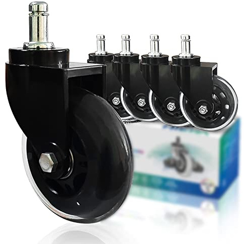 3/75Mm Silent Pu Swivel Castors Wheels for Office Chairs, M11X22Mm, Swivel Stem Casters Without Brake, Replacement Castors for Hard Floor Universal Swivel Wheels/Black