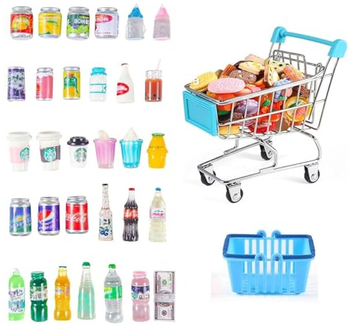 Shoppingvagn i metall inklusive tillbehör miniatyr mat dryckesflaska stormarknad handkärror för köpmannbutiker, rollspel, butik, dockhus, cosplay-spel, fruktkaka, bröd, fest, vagn