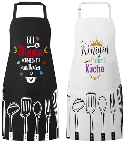 Utensilsto 2er-Set Kochschürze für Damen,lustige Schürzen mit Sprüchen Königin der Küche & Bei Mama Schmeckt's am Besten,Verstellbare Grillschürze mit Taschen,Geschenk für Mutter & Frauen