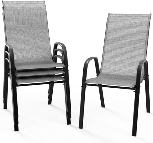 Bonnlo Lot de 4 Chaises de Jardin Exterieur - Chaise Empilable, Idéales pour Jardins, Cours, Balcons, Restaurants, Facile à Installer, Confortable et Design (Gris, Lot de 4)