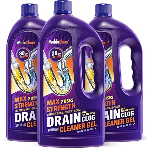 WoldoClean Gel Desatascador Tuberías Profesional 3 x 1000ml - Limpia Tuberías Extra Fuerte contra Pelos y Grasa, Desatascador Fregadero, Ducha y Lavabo, Penetra Agua Estancada