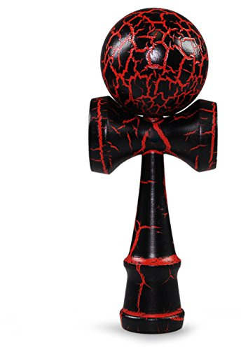 Ganzoo Kendama japonés Tradicional en Haya auténtica, Bola Perforada con cordón de Nylon, 3 Tazas de Captura integradas, Acabado Negro/Rojo, para desarrollar Habilidad, precisión y coordinación