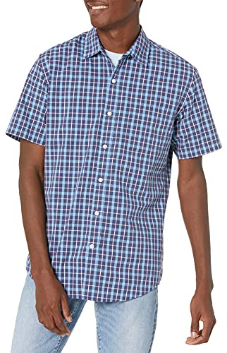 Amazon Essentials Chemise en Popeline à Manches Courtes Coupe Régulière Homme, Bleu Marine Écossais, S