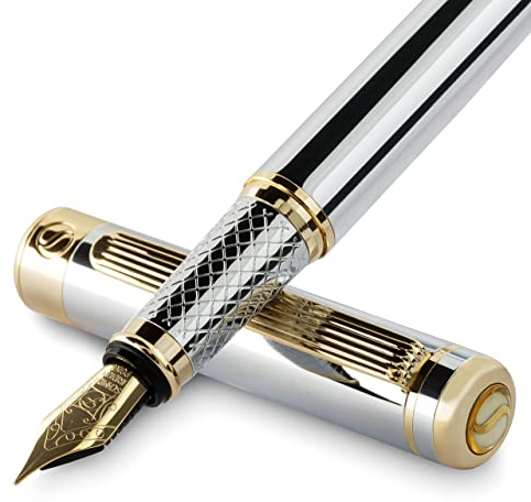 Scriveiner Silver Chrome Fountain Pen - Luxury 24K Gold Finish, Schmidt 18K Gilded Fine Nib Set for Men & Women, Professional Executive Office Designer Pen
