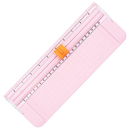 A4 pappersskärare, mini bärbar pappersskärare scrapbooking-verktyg med säkerhetsskydd och sidolinjal för papper, foton och etiketter (rosa)