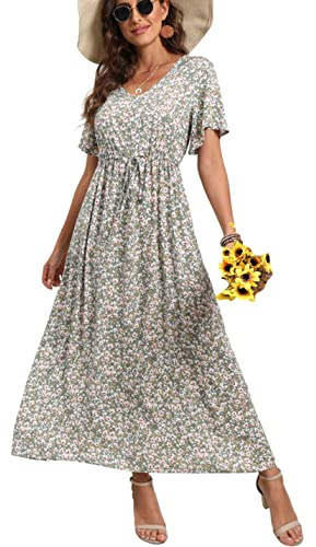 GRECERELLE Womens Summer Maxi Boho Beach Dress Floral Print Dress V Neck Short Sleeve Drawstring High Waist Flowy Long Midi Dresses (Lily Green, S)