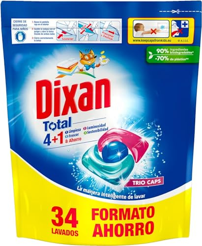 Dixan Trio Caps 4+1 Total, Detergente en Cápsulas para Lavadora (34 lavados), jabón para ropa blanca y clara, limpieza, luminosidad y frescor en un detergente