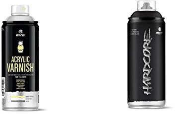 Montana Colors Barniz Acrílico, Spray 400ml, Transparente Satinado, 400 ml (Paquete de 1) & MTN Hardcore Negro Satinado, Spray 400ml