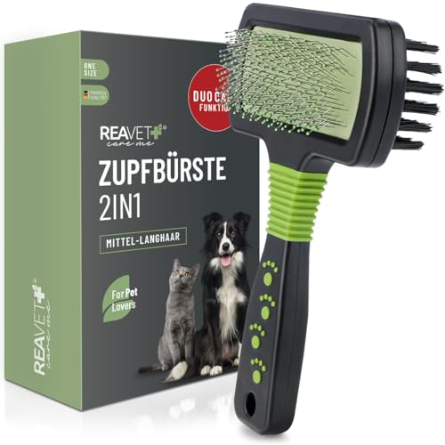 ReaVET Zupfbürste 2in1 - Hundebürste, Katzenbürste mit Langhaar - Fellbürste für Hunde, Katzen I Bürste für die tägliche Fellpflege I Doppelseitige Haustierbürste mit sanften Borsten & Zinken