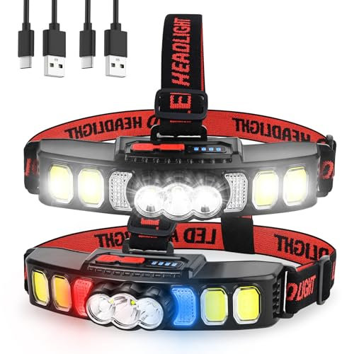 2er Pack LED-Wiederaufladbare Stirnlampe mit 6 Modi & Rotlicht | 18000 High Lumen Helligkeit | IPX5-Wasserdicht | USB-Ladefunktion | Ideal für Outdoor-Aktivitäten: Fischen, Wandern, Campen, Laufen