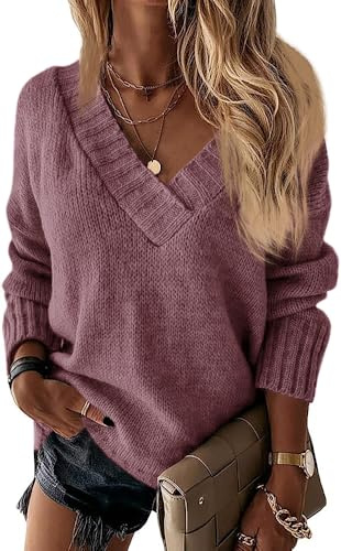 Wenrine Pull d'hiver à Manches Longues et col en V pour Femme - Sexy - Couleur Unie