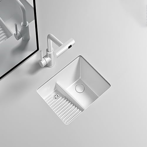 White built-in bathroom container sink, built-in laundry room sink with integrated washboard, undercounter balcony washbasin with multi-function pull-out faucet, suitable for bathroom, balcony, etc. (