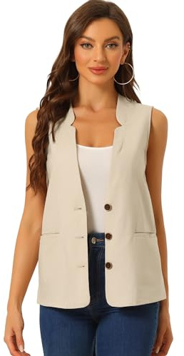 Allegra K Mujer Chaleco De Lino De Algodón Casual Con Cuello En V Y Botones Sin Mangas Beige XS