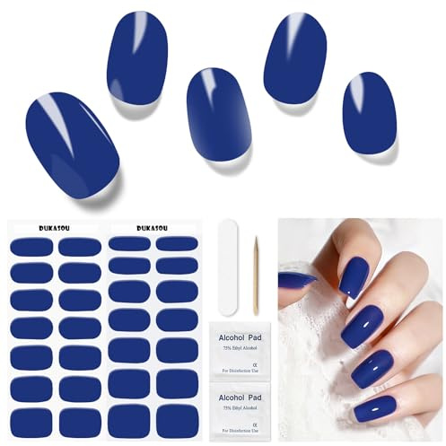 Semi Cured Gel Nail Strips, 28 pcs Deep Blue Gel Nail Stickers Wraps for Women,Long Lasting Polish Strips Work with Any UV Lamp, Easy to Apply