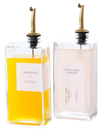 Hniuyun 2Pcs Oil Bottles for Kitchen, 500ml Glass Olive Oil, Vinegar & Coffee Syrup Dispenser with Drip-Free Spouts, Waterproof Labels & Silicone Funnel, Gold