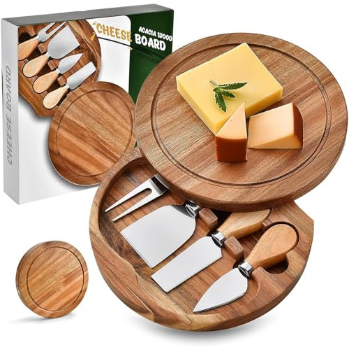 OBEST Planche à fromage avec set de couteaux à fromage, planche à fromage avec 4 couteaux, 1 tiroir, ensemble de couteaux à fromage multifonctions, couteau à fromage, bambou et acier inoxydable,