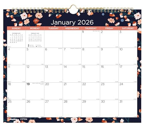 Blueline® 2026 Colorful Monthly Wall Calendar, 12 Months, January to December, Gold Twin-Wire Binding, 15 x 12, Twilight Floral (C171114-26)