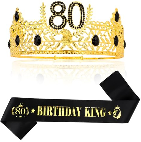 KIUEZIR 80e anniversaire ensemble couronne et écharpe pour homme – Couronne ronde baroque en or avec gravure dorée « 80 Birthday King », matériau de qualité supérieure pour anniversaire et célébration
