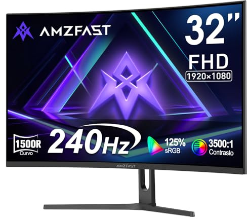 Amzfast Gaming Monitor 32 Zoll Curved – 240Hz, FHD 1920x1080, 1 ms MPRT, 1500R, Adaptive Sync, HDR, sRGB 125%, VESA 100x100, HDMI 2.0 & DP 1.4 (AMZG32C1F)
