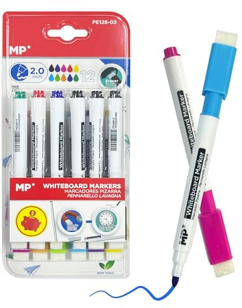 MP Rotuladores pizarra blanca Punta Media (2mm) con Tapa de Borrador Magnética Óptimo para Uso Escolar y Oficinas 12 Colores Surtidos