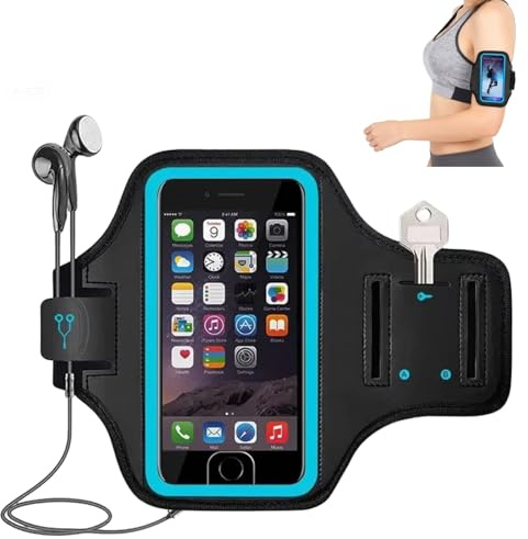Brassard de Sport pour Smartphone 7 Pouces Bleu, Support téléphone Jogging Anti-Transpiration avec Pochette écouteurs et Rangement clé, Ajustable pour Course à Pied et Fitness