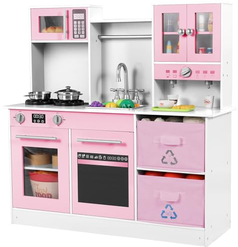 MAMIZO Cucina Giocattolo per Bambini Legno, con Effetti Simulati di Luce e Suono, Cucina Bambini con 2PCS Scatole Portaoggetti, Cucinetta Giocattolo per Bimbi da 3 Anni, 90x30x90 cm, Rosa