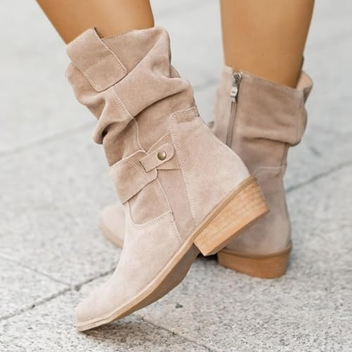 Générique Bottes Femme Suède, Santiag Femme, Occidentales Hautes Bottes,Pointues À Talons Bas Bottines,Mi-Longues en Daim Perforé Chaussures pour Femmes Bottines Longues