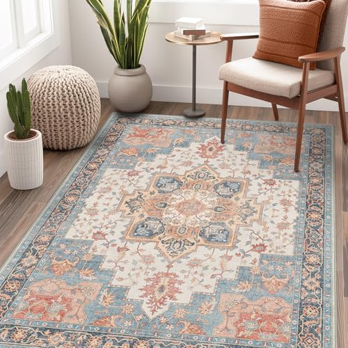 GENIMO Rugs Living Room 120x170cm, Vintage Boho Area Rugs, Machine Washable, Non-Slip Carpet, Low Pile, Non-Shedding, Traditional Oriental Printed, Dining Room, Home, Office, Bedroom, Coral Blue