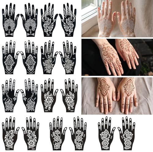 18 Hojas Plantillas de Henna Reutilizables para Manos, 9 Diseños de Plantillas para Tatuajes Árabes e Indios, Moldes de Tatuaje Temporal para Arte Corporal y Manos