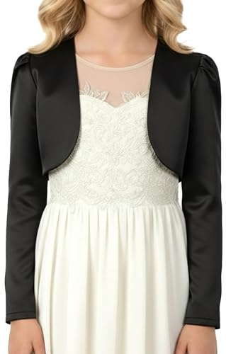 BlackButterfly Kids Satin Long Sleeve Bolero Childrens Girls Shrug (Black, 13-14 Years)