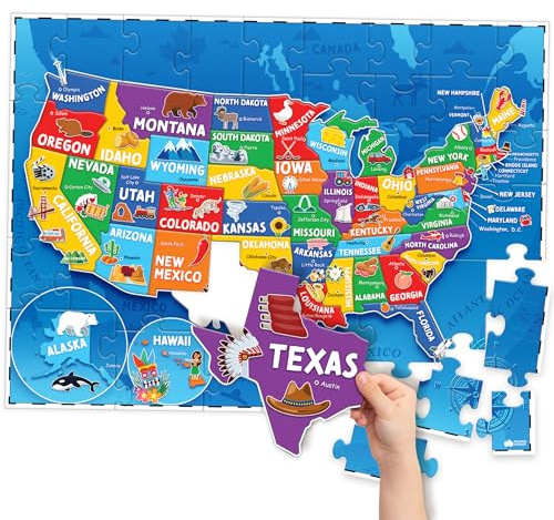 United States Puzzles for Kids Ages 4-6 - Educational Toys for Boys & Girls - 70Pcs USA Map Kids Puzzle with 50 States & Capitals - Floor Jigsaw Puzzles - Fun Learning Activities & Gifts for Children
