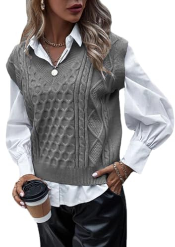 shownicer Maglione Senza Gilet Donna Scollo a V Pullover Maglioni Invernali Maniche Maglione Smanicato Invernale Elegante Maglia Gilet Smanicato Z Grigio L