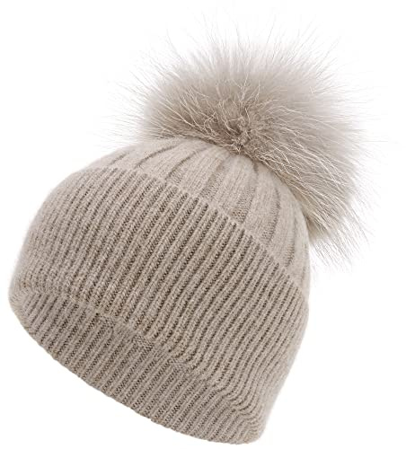 Brown Pom Pom Beanie Hat for Women Winter Cuff Ribbed Knit Cuffed Beanie Skull Cap Hat with Brown Real Fur Pom Pom Beanie Knit Ski Hat
