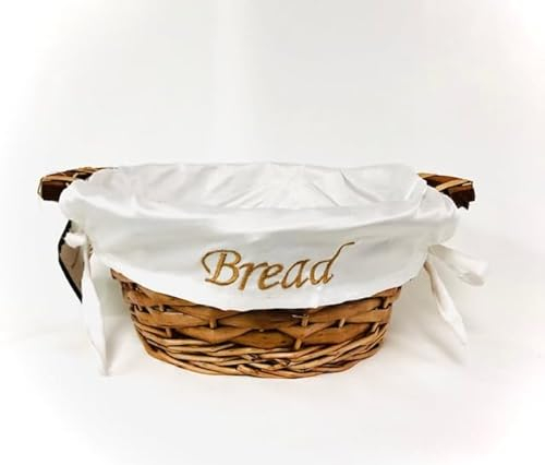 Chattels Round Bread Serving Table Basket with wooden handles and Washable Lining with the wording BREAD Embroidered