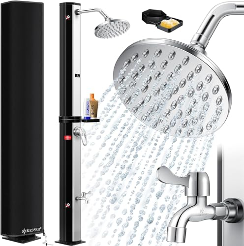 KESSER® Douche solaire de jardin, 60 l, avec étagère de douche en métal, capot de protection et sac, eau chaude, max. 60 °C, pommeau de douche à effet pluie et robinet, noir/argenté