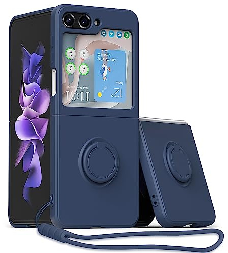 UEEBAI Silicone Coque pour Samsung Galaxy Z Flip 6 5G, Etui Fin Pliable et léger Absorption des Chocs Housse Mince avec Hand Strap Bague 360 Degrés Rotation Stand Protection Cover, Royal Bleu